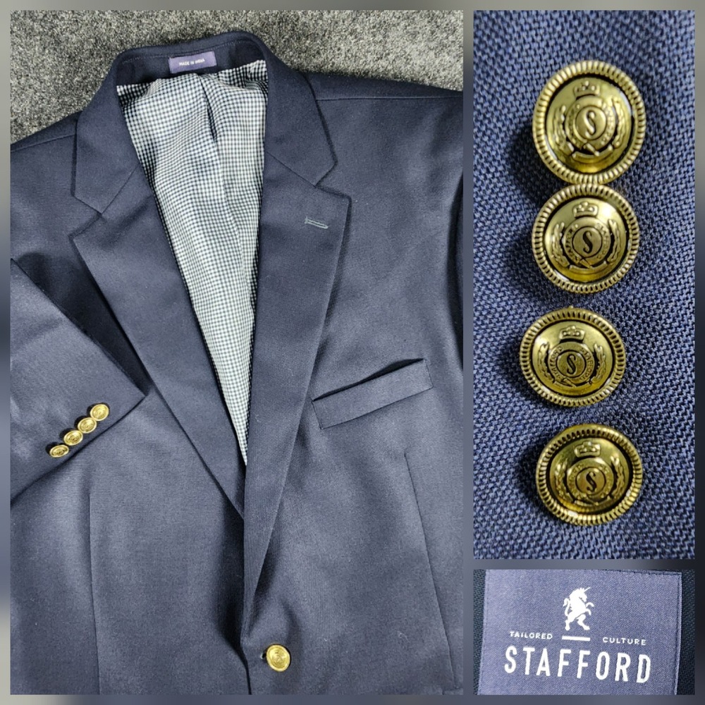 Stafford 100% Wool Navy Blue Gold Crest Button Blazer Men 50R Regular Fit EUC